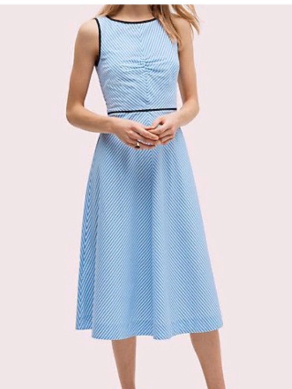 Kate Spade Sleeveless Light Blue Striped Midi Dress with Black Trim size 2